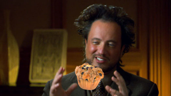 Ancient Aliens Meme Guy channeling a blueberry muffin